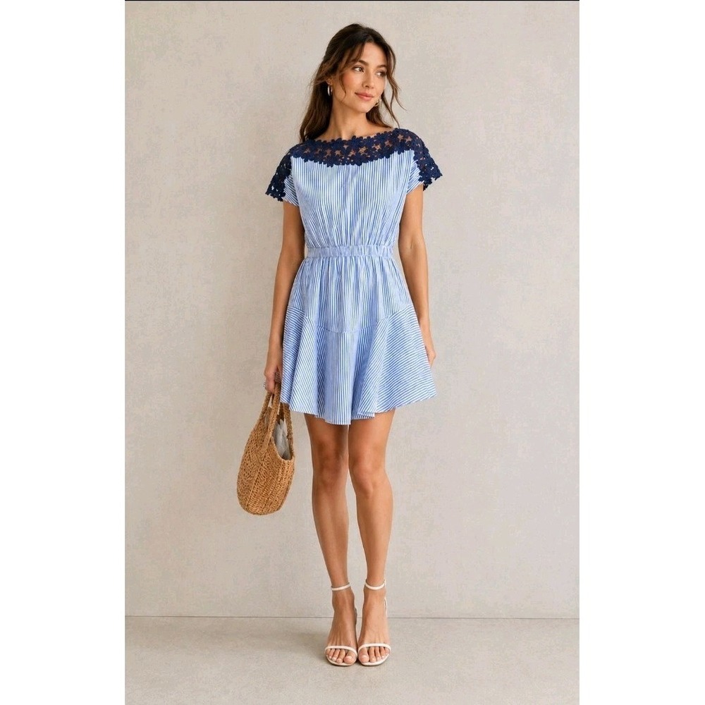 Milly Blue White Striped Lace Trim Fit Flare Dress Womens P Mini Dress